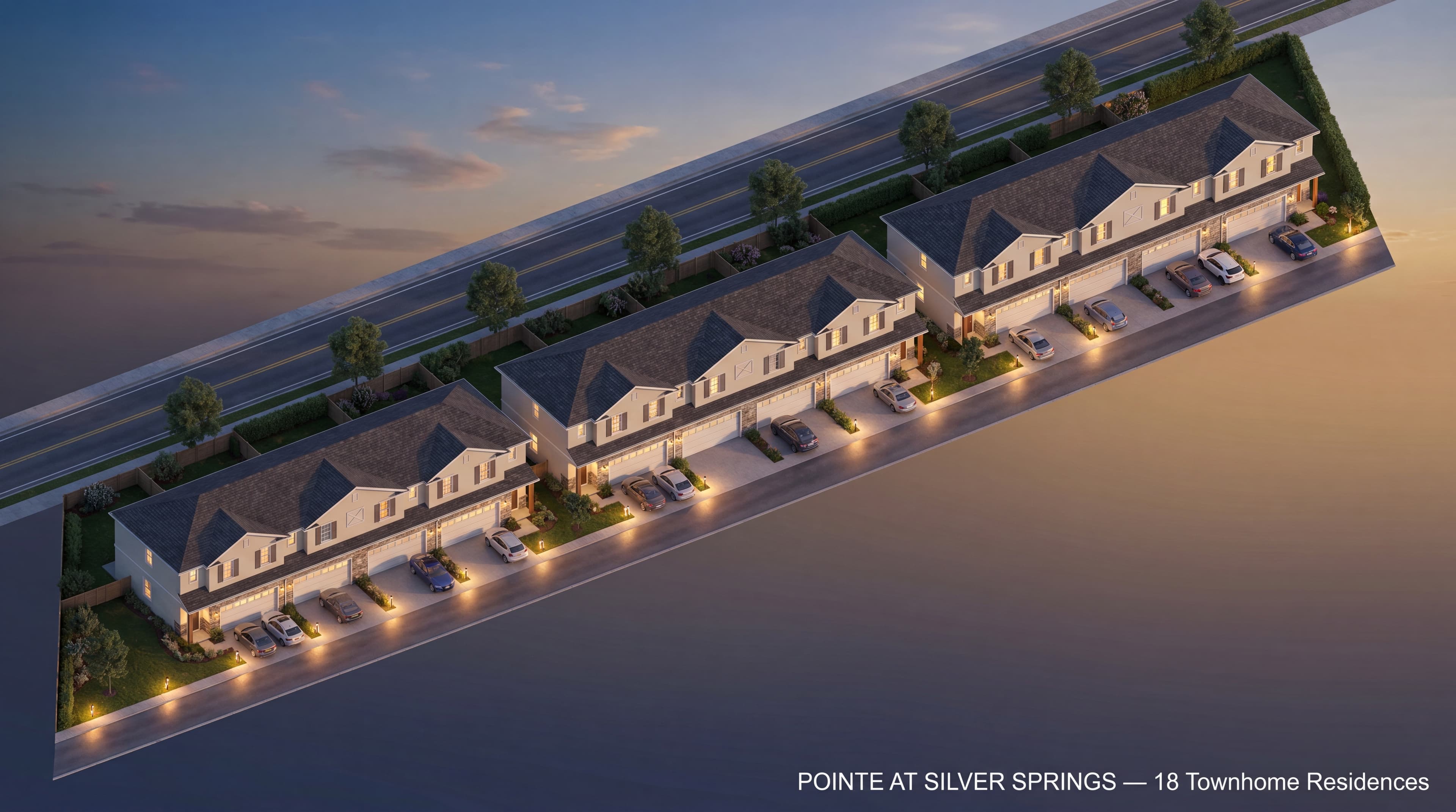 Pointe at Silver Springs - dusk isometric of the full 68-unit build-out