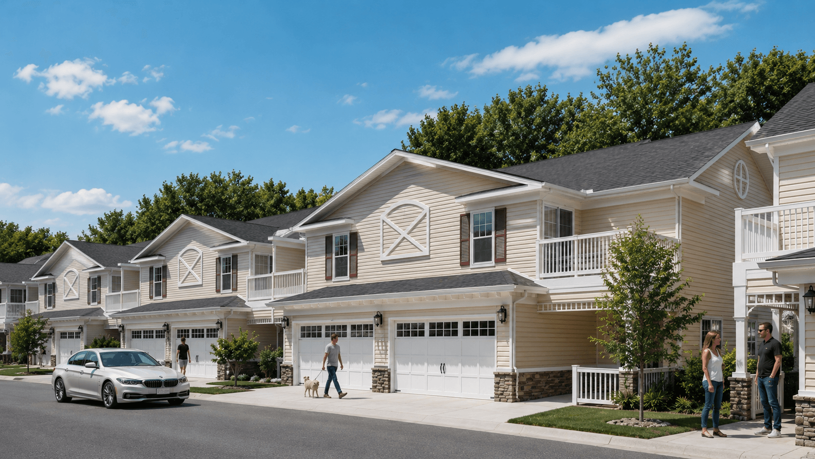 Ground-level streetscape rendering of Pointe at Silver Springs — two-story townhomes with master-suite balconies, two-car garages, and residents walking a dog on the sidewalk
