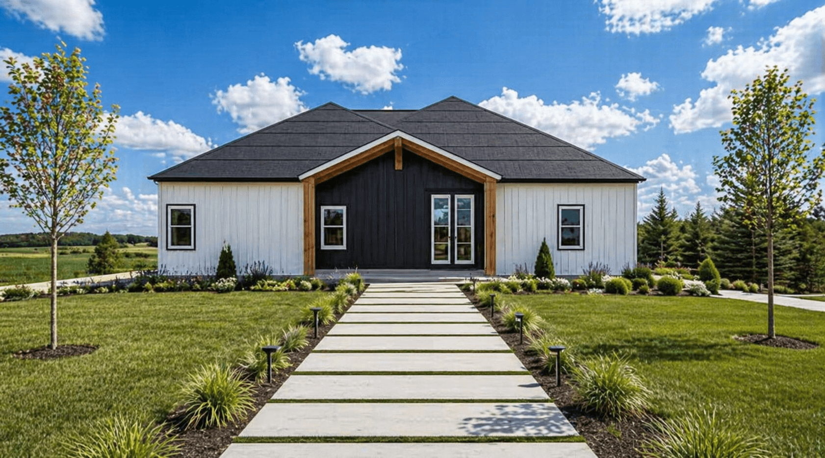 Farmhouse model — white board-and-batten exterior with a central dark wood-clad gable accent, slate-look roof, paired ornamental trees flanking a paver-stripe walkway, and lavender-bed front landscaping