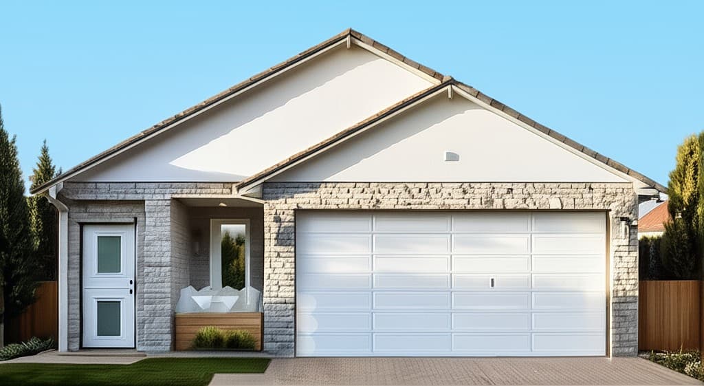 Mia model option — single-story home with cream stucco gable, full stone-clad lower wall, white front door, wide white double garage door, paved driveway, and turf strip detailing