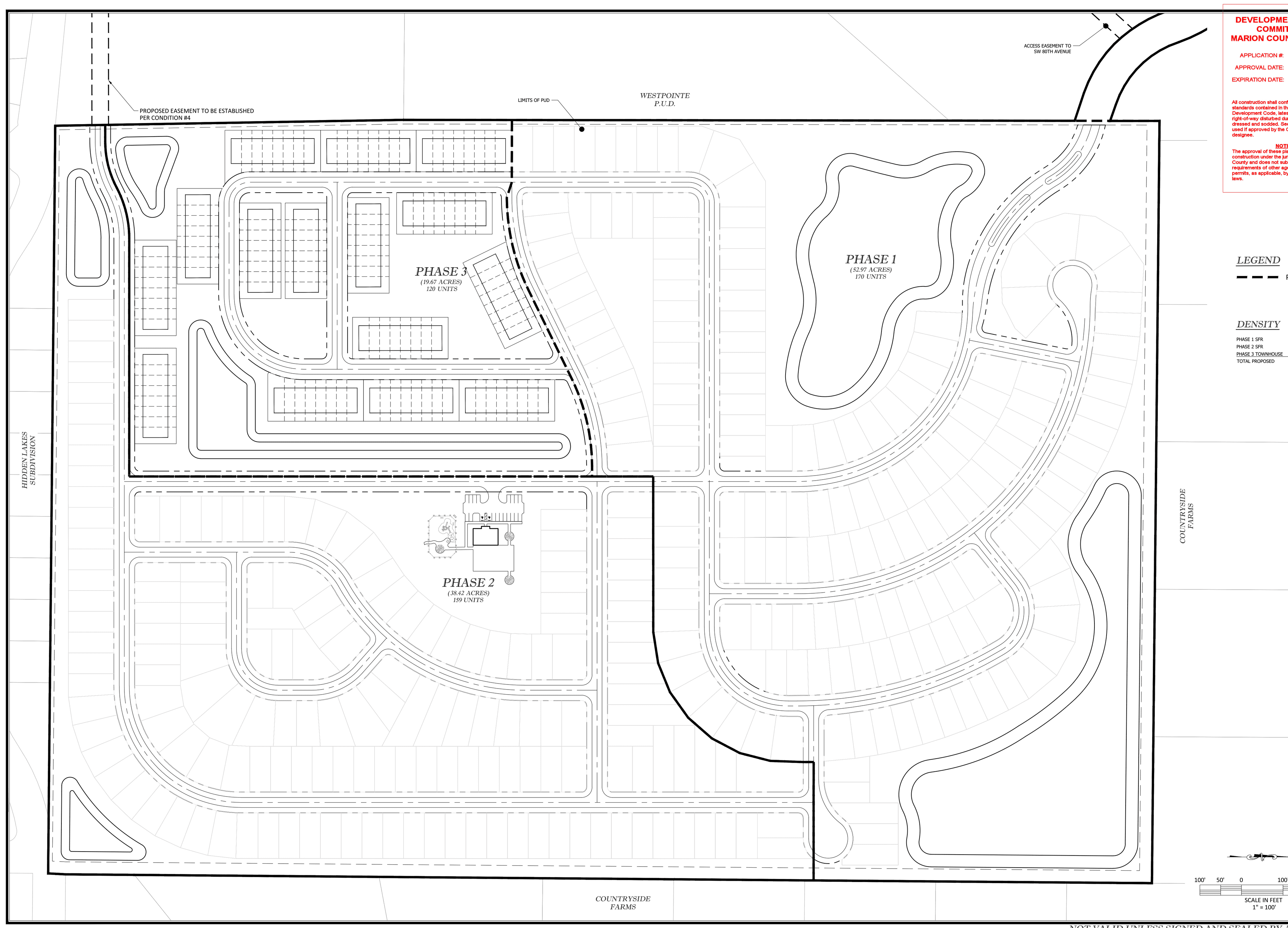 Engineering phasing plan for SW Highway 200 — parcel boundary with the three approved phases labeled (Phase 1, Phase 2, Phase 3) over the lot grid, with retention pond, internal road network, and the developer / Marion County title block and legend