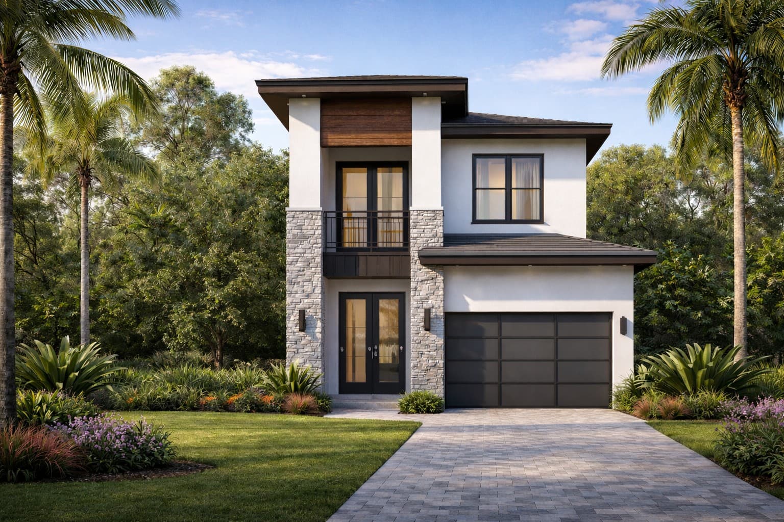 Two-story model — modern white-stucco home with full stone wainscot base, dark trim, glass entry doors with a Juliet balcony above, dark single garage door, royal palms flanking the entry, and paver driveway through lush South-Florida landscaping