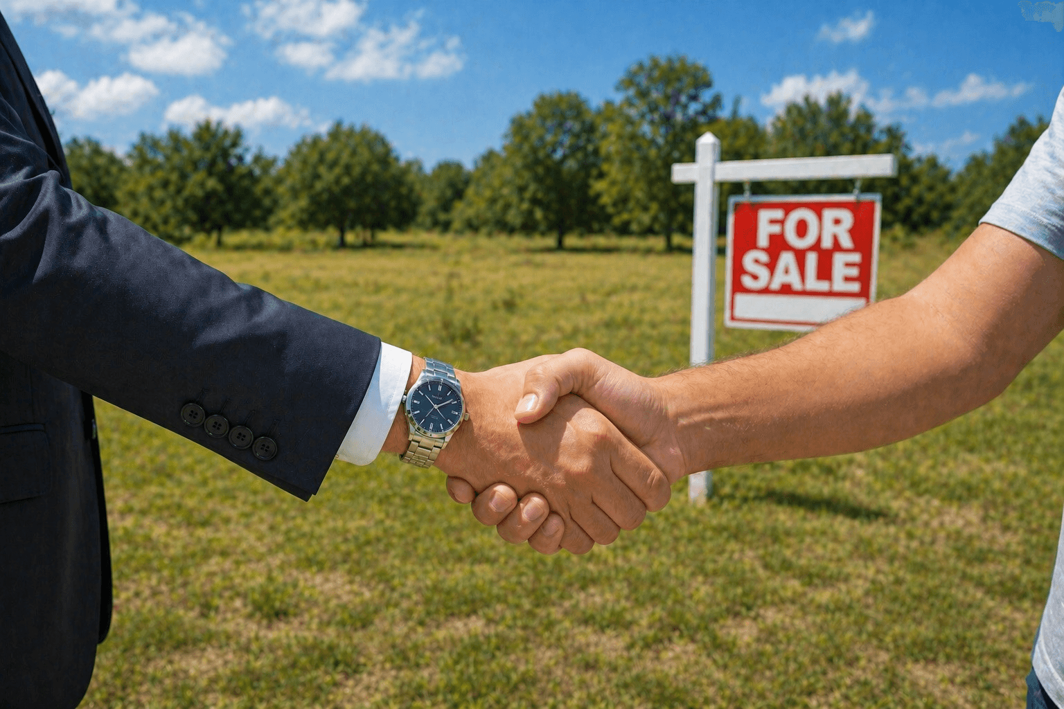 Close-up handshake between an Innova representative in a navy suit and a Florida landowner in front of a red For Sale sign on an open grass parcel — closing the acquisition