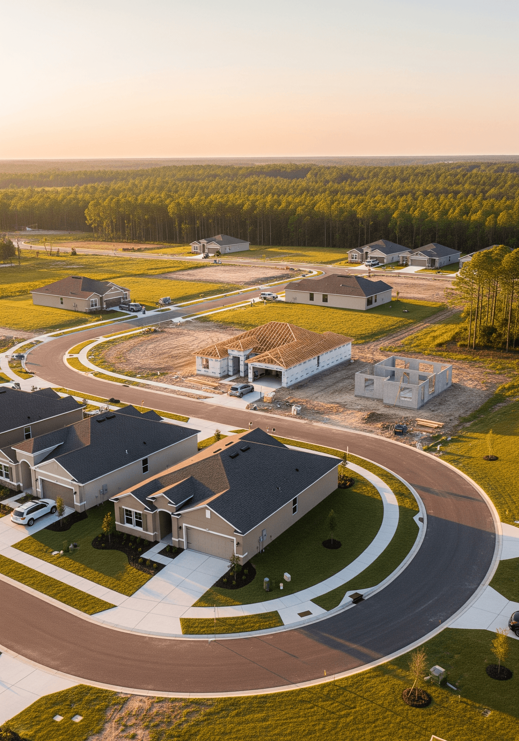 Aerial of a Florida residential subdivision mid-build at golden hour — finished single-family homes in the foreground, others under framing, platted lots beyond, pine forest at the back