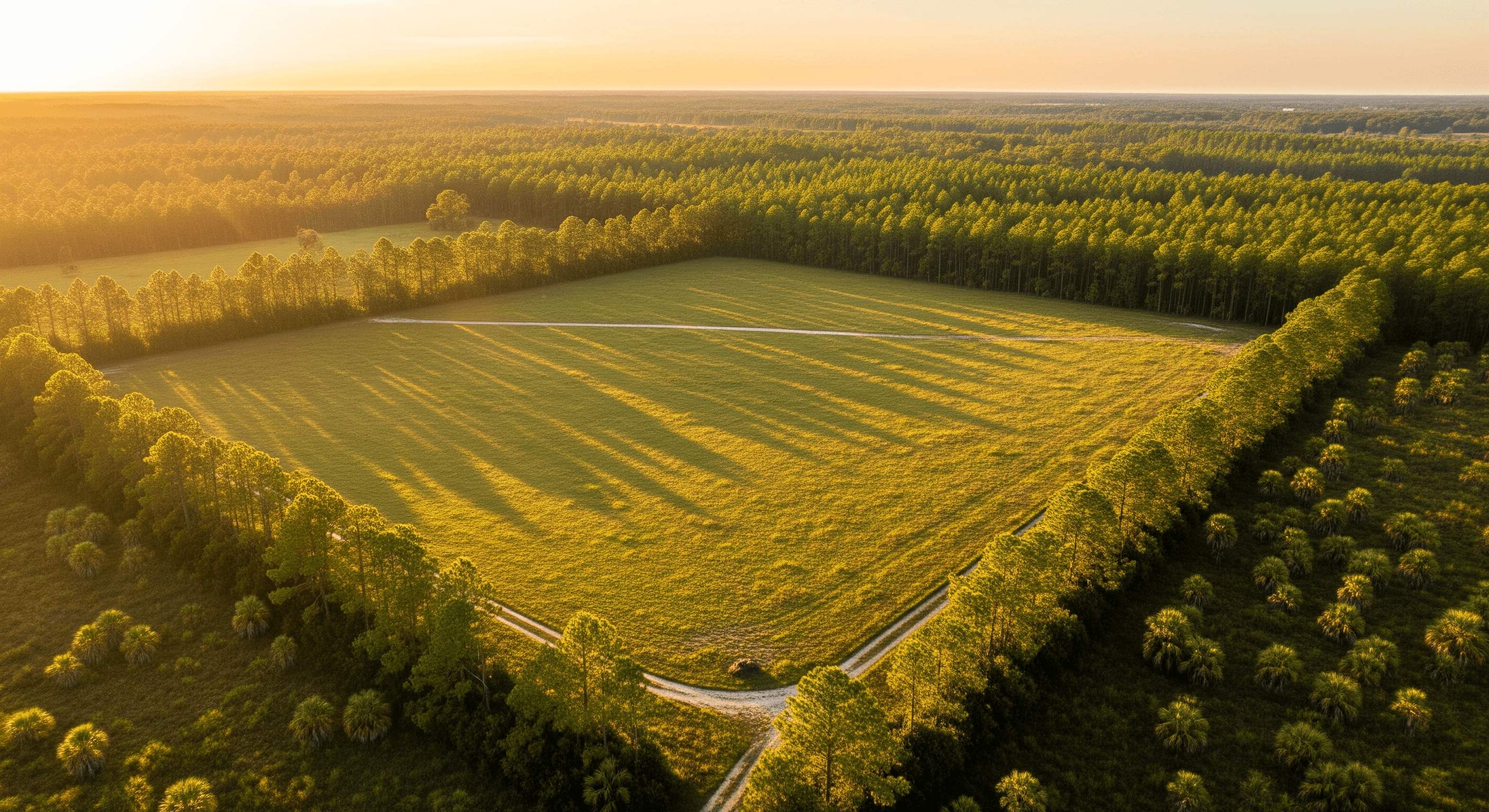 Aerial view of a Florida land parcel at golden hour — open pasture rimmed by pine forest, the kind of property Innova LDP acquires across Marion and Citrus County