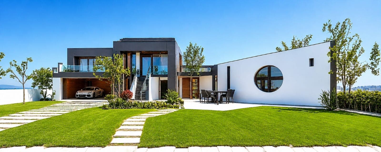 Contemporary villa with black-and-white volumes, exposed open staircase, large circular porthole window, paver-stripe walkway through manicured grass, and ornamental trees against a clear blue sky