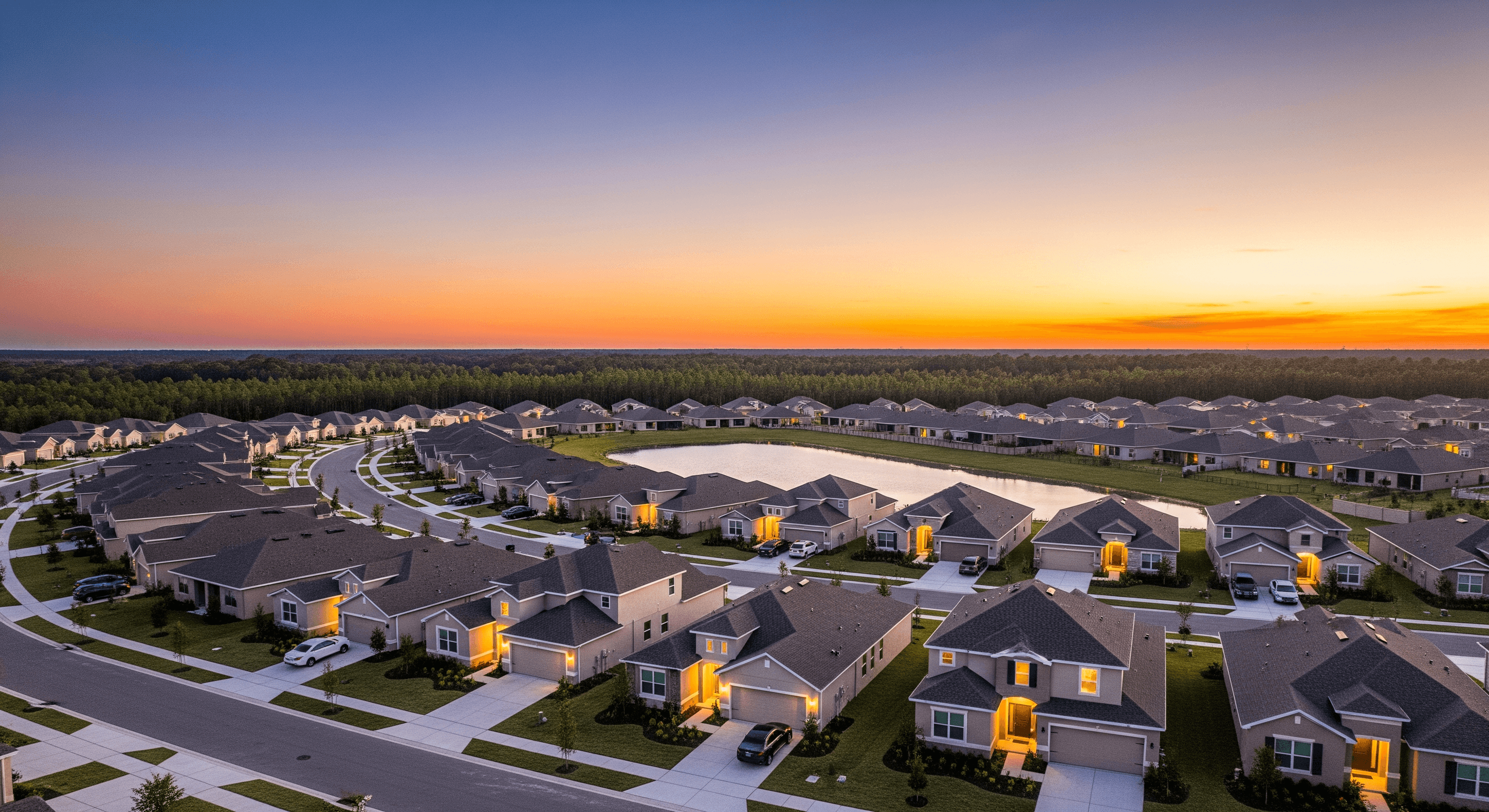 Aerial of a finished Florida residential community at dusk — warm interior lights glowing through windows, a retention pond catching the last horizon light under an amber-to-navy twilight sky and Florida pine treeline