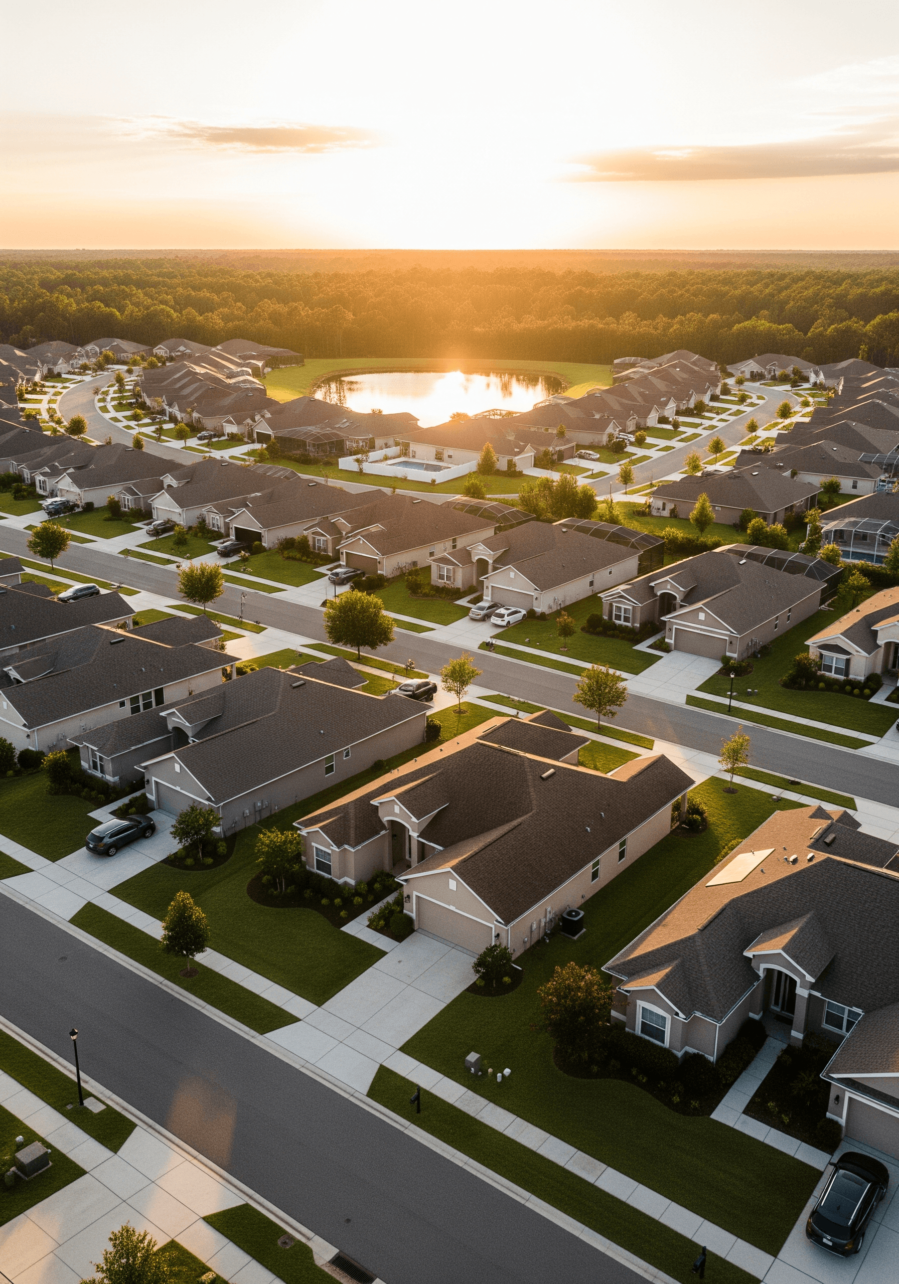 Aerial of an established Ocala residential neighborhood at golden hour — single-family homes around a central retention pond catching the setting sun, the kind of community Marion County's new residents arrive into each week