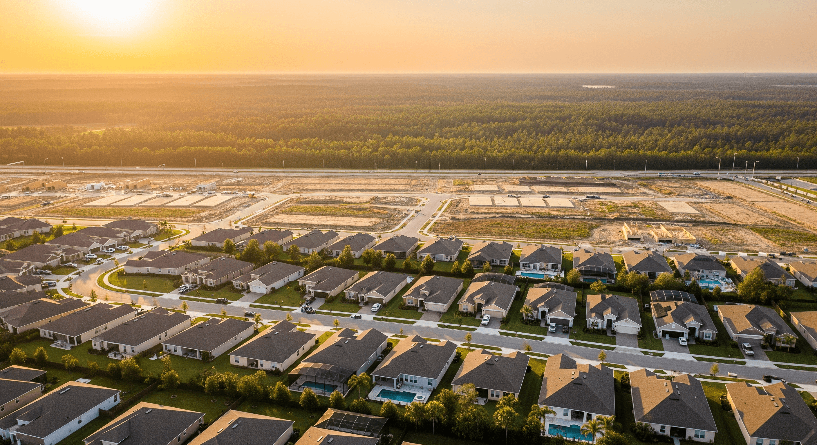 Wide aerial of greater Ocala at golden hour — established Florida neighborhoods in the foreground sweeping back into freshly platted development phases and pine forest on the horizon