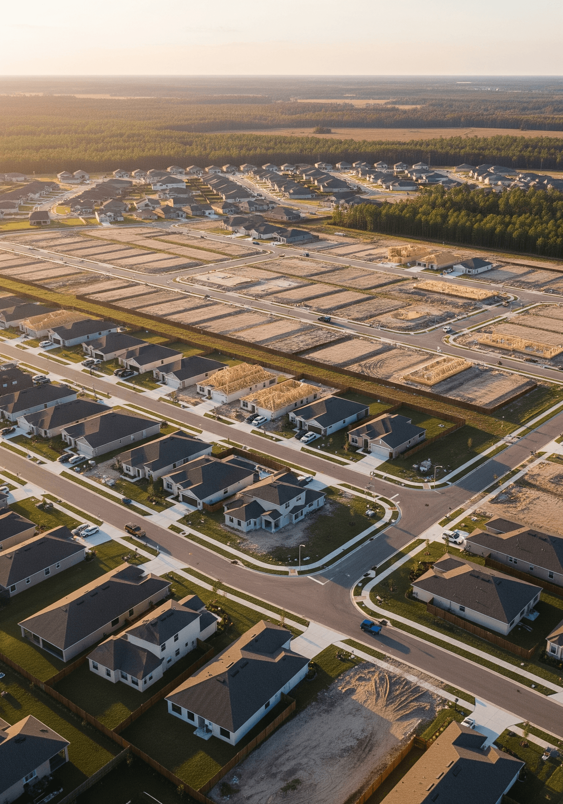 High-altitude aerial of a Marion County subdivision under construction at scale — finished homes in the foreground, framing in the middle distance, vast platted lots beyond, all bordered by Florida pine forest at golden hour
