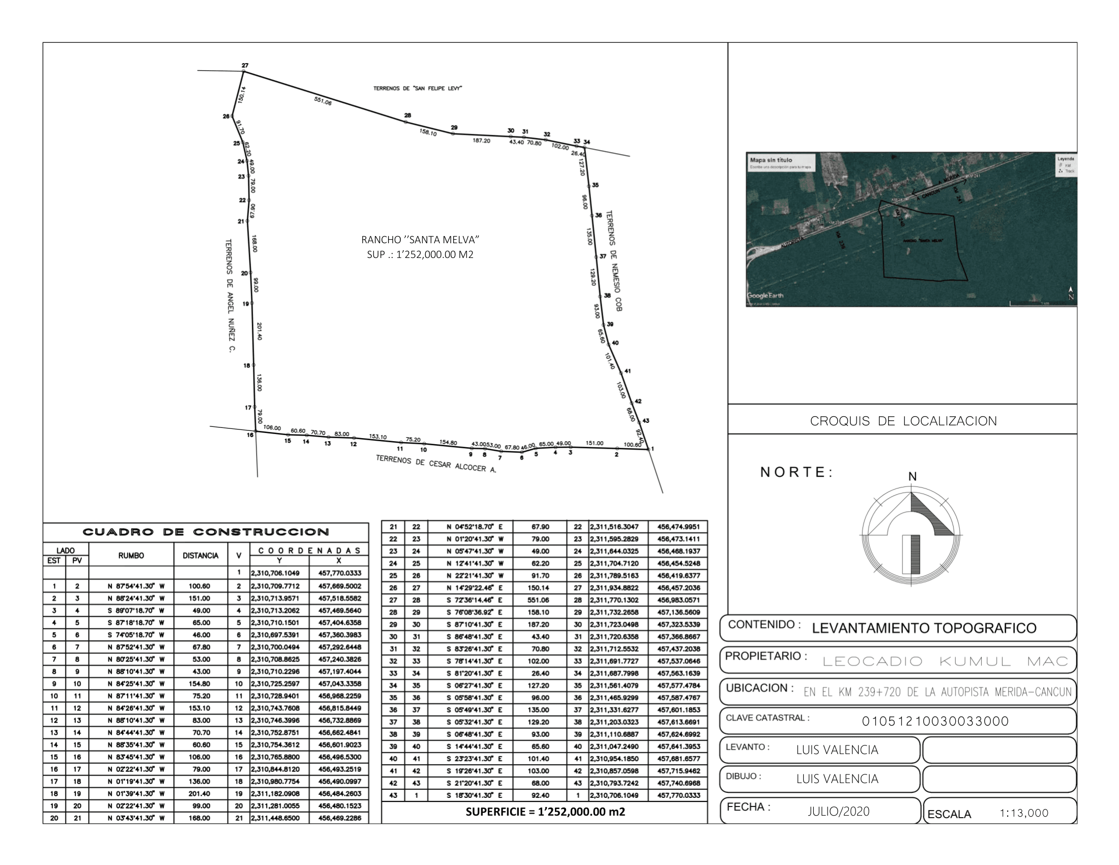 Topographic survey of Rancho Santa Melva — official 308-acre (1,252,000 m²) parcel survey at KM 239+720 of the Merida–Cancun autopista. Includes property boundary with bearings and distances, coordinate grid, cadastral inset (clave 010512100300033000), and surveyor title block (Luis Valencia, July 2020).