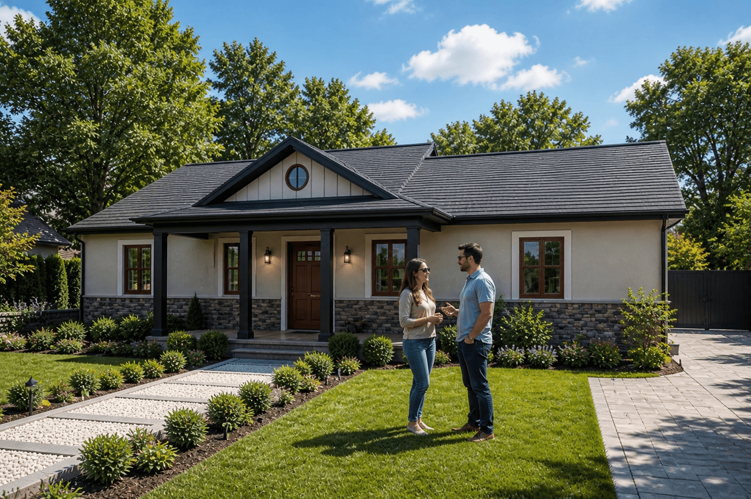 Rendering of a finished Golden Villas Reserve home — single-story craftsman villa with stone wainscoting, board-and-batten gable, covered timber-post porch, dark roof, manicured front lawn and paved driveway under a clear blue sky