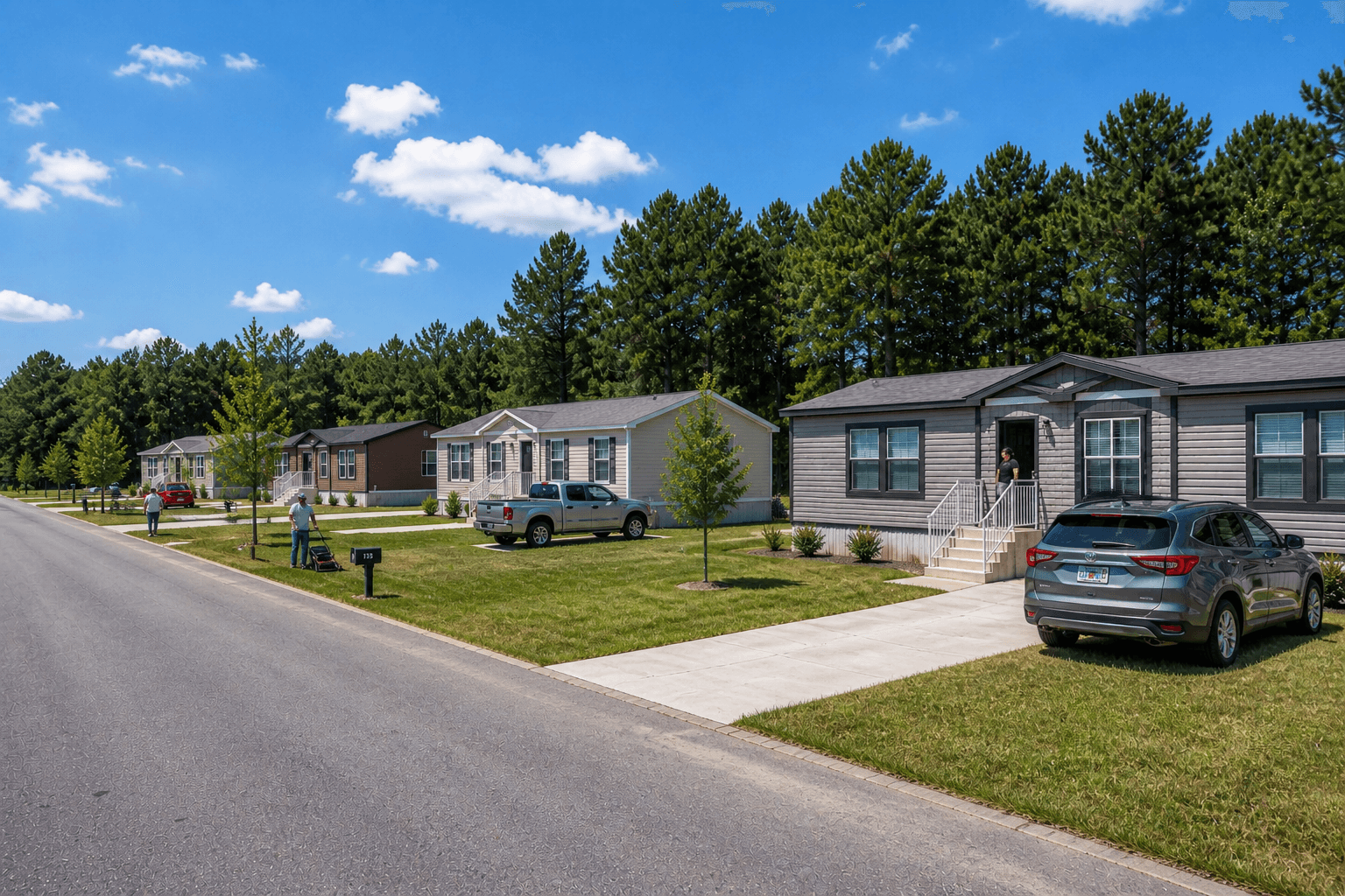 Streetscape view of Lucky Ranch Community — paired finished gray manufactured homes with white trim, mature pine canopy behind, paved residential street with vehicles in driveways, residents at the mailbox and front yard under a clear blue Florida sky