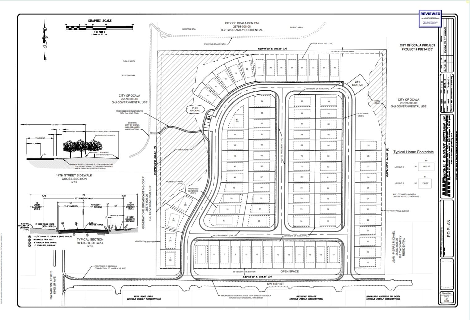 Marion County PD-approved site plan for Pine Oak Preserve — 88-lot single-family subdivision with lot grid, internal road network, open-space buffers, typical home footprint legend, and graphic scale (City of Ocala project PD23-45351, REVIEWED stamp)