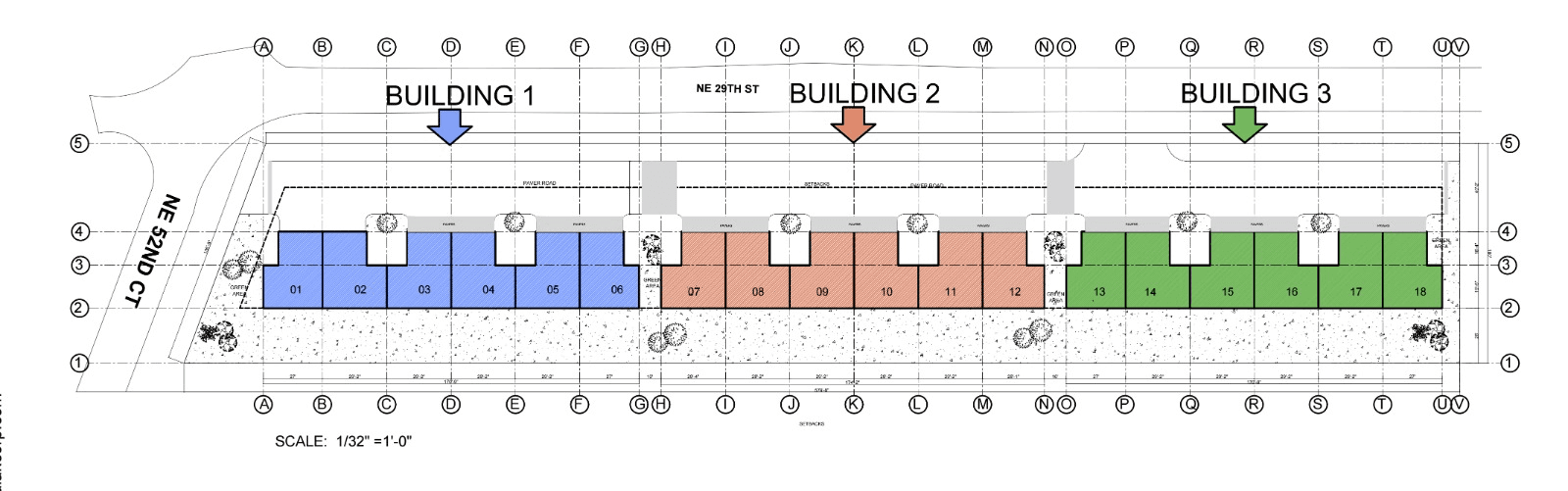 Phase I parcel breakdown — three color-coded buildings on the 1.30-acre tract along NE 52nd Court and NE 29th Street: Building 1 (blue) units 01-06, Building 2 (orange) units 07-12, Building 3 (green) units 13-18 — 18 approved townhomes total under AR#29072