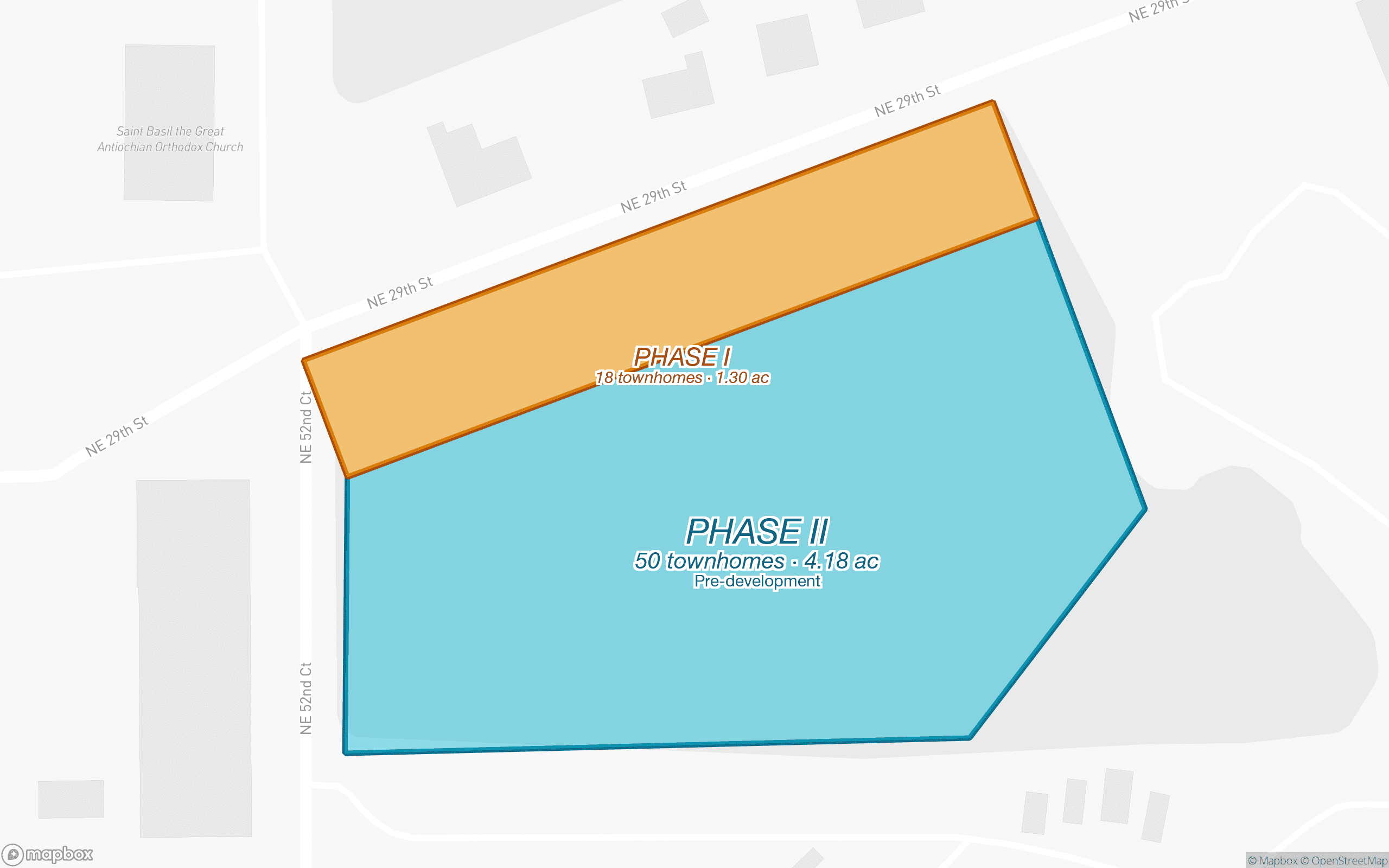 Light-style Mapbox map of the Pointe at Silver Springs parcels with labels directly on each parcel — amber Phase I strip says "PHASE I · 18 townhomes · 1.30 ac · Approved AR#29072" and cyan Phase II tract says "PHASE II · 50 townhomes · 4.18 ac · Pre-development" on NE 52nd Court at the corner of NE 29th Street